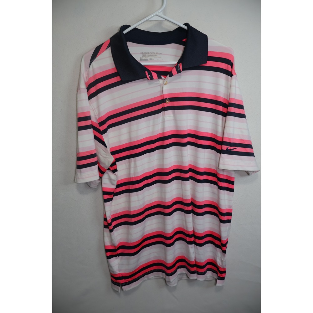 Nike Golf Tour Performance Dri-FIT Polo Shirt Mens Large Pink Navy Striped L